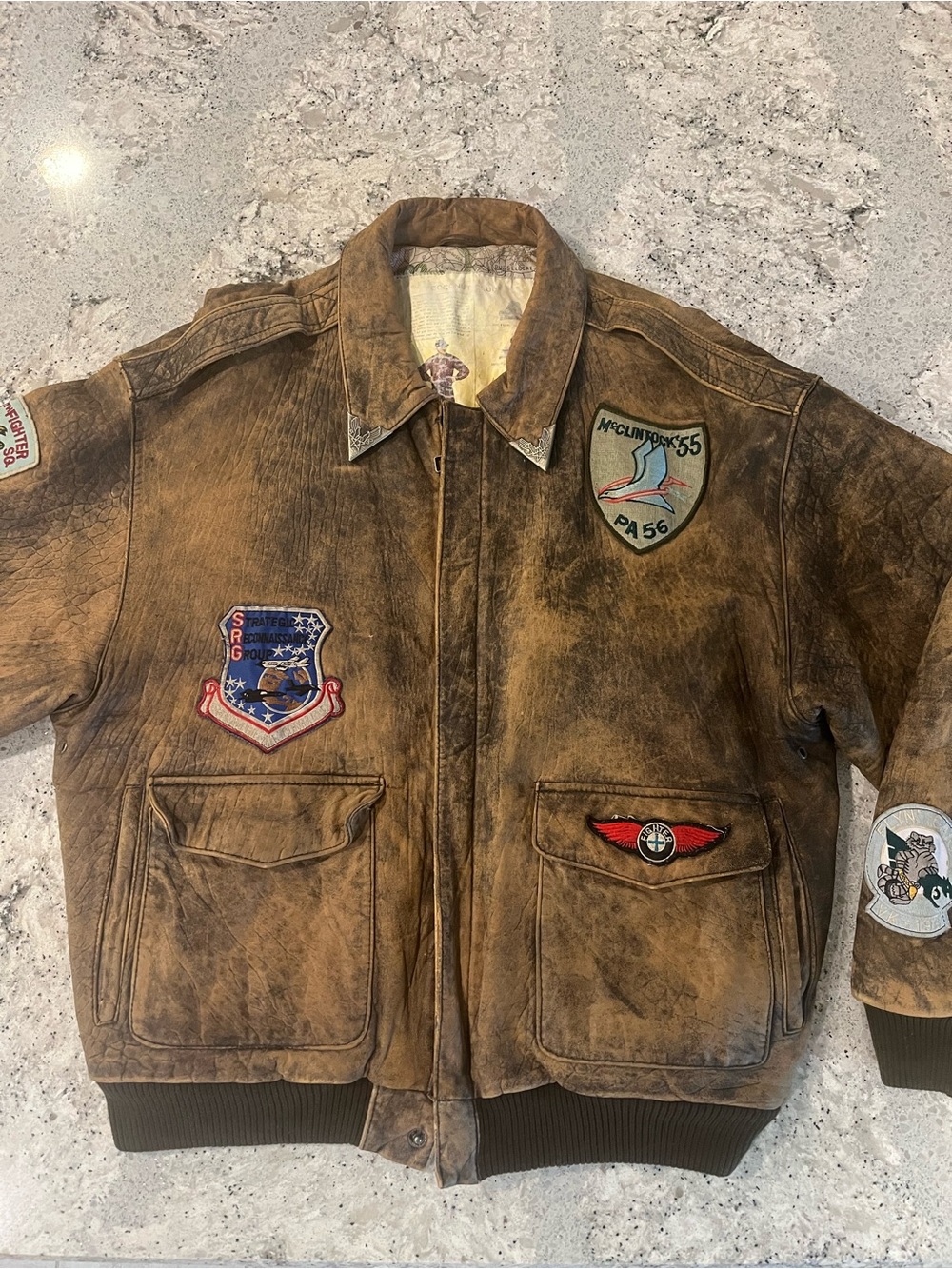 Vintage 90s Map Lining Patched A-2 Leather Bomber Jacket